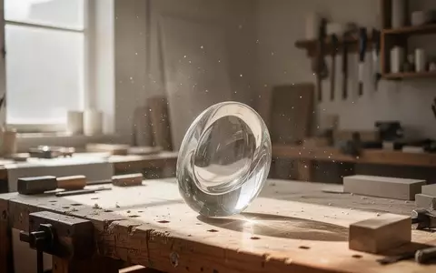 Eine gläserne Skulptur auf einer hölzernen Werkbank in einem sonnendurchfluteten Atelier. - Foto: über boerse-global.de