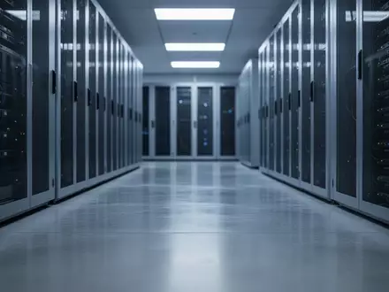 Eine moderne, sterile Serverraum-Umgebung mit bläulicher Beleuchtung und unbeschrifteten Serverschränken. - Foto: über boerse-global.de