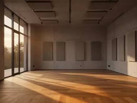 Ein minimalistisches, modernes Architekturstudio mit Betonwänden und großen Fenstern, durch die warmes Sonnenlicht auf einen leeren Holzboden fällt. - Foto: über boerse-global.de
