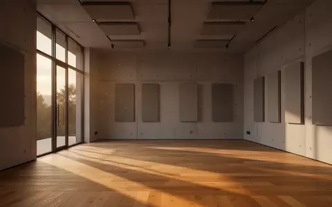 Ein minimalistisches, modernes Architekturstudio mit Betonwänden und großen Fenstern, durch die warmes Sonnenlicht auf einen leeren Holzboden fällt. - Foto: über boerse-global.de