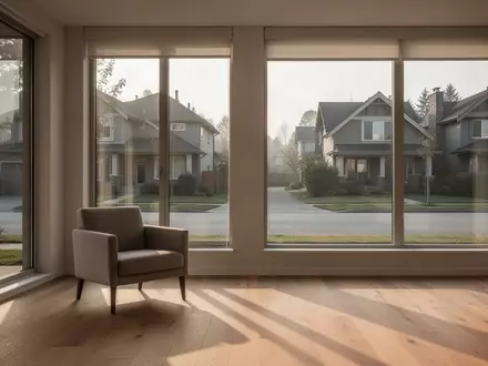 Ein minimalistisch eingerichtetes Wohnzimmer mit großen Fenstern und Blick auf eine ruhige Wohnstraße. - Foto: über boerse-global.de