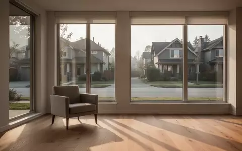Ein minimalistisch eingerichtetes Wohnzimmer mit großen Fenstern und Blick auf eine ruhige Wohnstraße. - Foto: über boerse-global.de