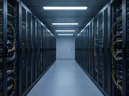 Modernes Rechenzentrum mit blau beleuchteten Netzwerkschränken in einer aufgeräumten, industriellen Umgebung. - Foto: über boerse-global.de