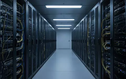 Modernes Rechenzentrum mit blau beleuchteten Netzwerkschränken in einer aufgeräumten, industriellen Umgebung. - Foto: über boerse-global.de