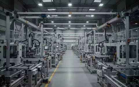Leere, moderne Industriehalle mit Produktionsanlagen und Maschinen bei gedimmtem Licht. - Foto: über boerse-global.de
