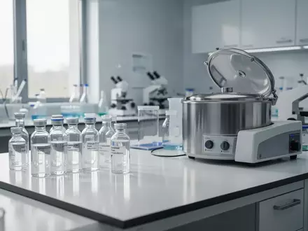 Ein steriler, modern eingerichteter medizinischer Laborraum mit Glasfläschchen und Laborgeräten auf einer weißen Arbeitsfläche. - Foto: über boerse-global.de