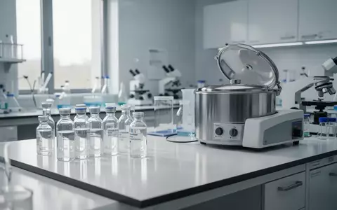 Ein steriler, modern eingerichteter medizinischer Laborraum mit Glasfläschchen und Laborgeräten auf einer weißen Arbeitsfläche. - Foto: über boerse-global.de