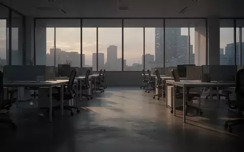 Ein leeres, minimalistisches Büro mit leeren Schreibtischen und Stühlen in der Abenddämmerung. - Foto: über boerse-global.de