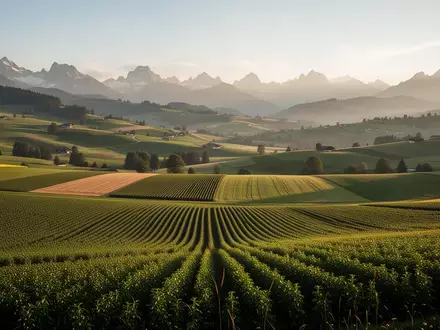 Weite, landwirtschaftlich genutzte Felder und Wiesen in einer hügeligen Schweizer Berglandschaft bei Sonnenuntergang. - Foto: über boerse-global.de