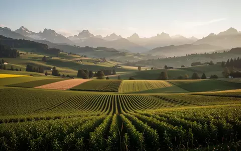 Weite, landwirtschaftlich genutzte Felder und Wiesen in einer hügeligen Schweizer Berglandschaft bei Sonnenuntergang. - Foto: über boerse-global.de