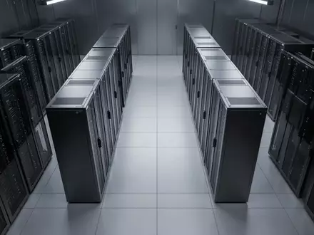Reihen von dunklen Server-Racks in einem minimalistischen, modern beleuchteten Rechenzentrum. - Foto: über boerse-global.de