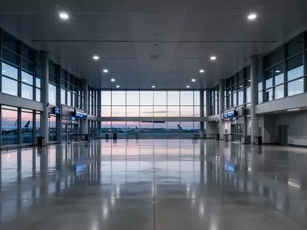 Eine leere, minimalistische Ankunftshalle an einem Flughafen mit polierten Betonböden und dezenter Beleuchtung. - Foto: über boerse-global.de
