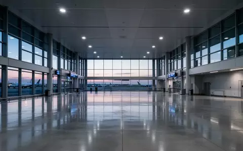 Eine leere, minimalistische Ankunftshalle an einem Flughafen mit polierten Betonböden und dezenter Beleuchtung. - Foto: über boerse-global.de