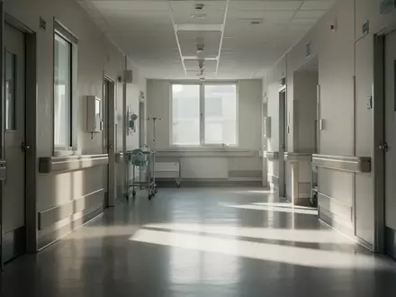 Ein leerer, sonnendurchfluteter Krankenhausflur mit minimalistischer Architektur und klaren Linien. - Foto: über boerse-global.de