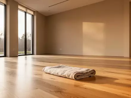 Ein minimalistischer, heller Meditationsraum mit Holzboden und einfallendem Tageslicht ohne Personen. - Foto: über boerse-global.de