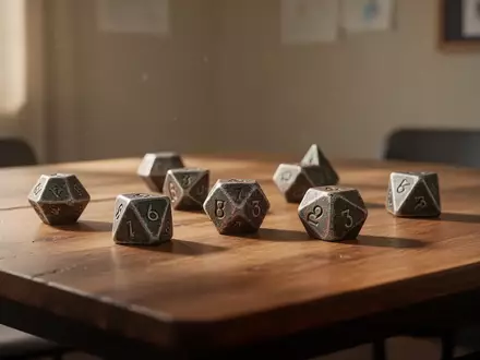 Mehrseitige Spielwürfel liegen auf einem hölzernen Tisch in einem hellen, freundlichen Raum. - Foto: über boerse-global.de