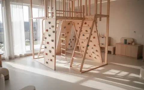 Ein heller, minimalistischer Kletterparcours aus Holz in einem lichtdurchfluteten Therapieraum ohne Personen. - Foto: über boerse-global.de