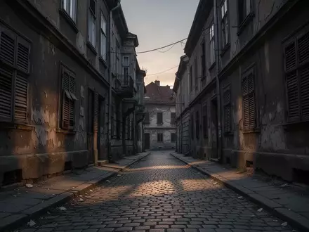 Eine menschenleere, schattige Gasse in einer Stadt bei Dämmerung mit alten Steingebäuden und geschlossenen Fensterläden. - Foto: über boerse-global.de