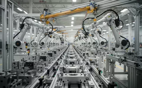Eine moderne, hochtechnisierte Fertigungshalle in China mit präzisen Robotik-Komponenten an einer Montagelinie. - Foto: über boerse-global.de