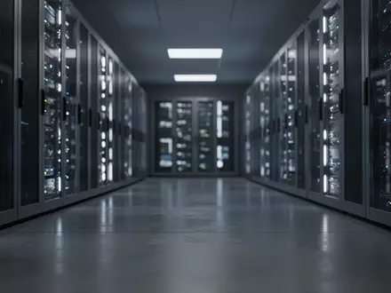 Dunkler, modern wirkender Serverraum mit unscharfen, bläulich leuchtenden Serverschränken in einer kühlen Umgebung. - Foto: über boerse-global.de