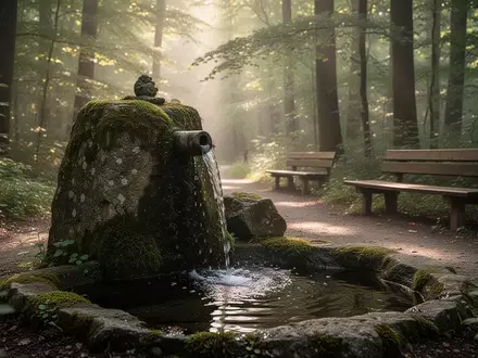 Ein friedlicher Waldweg mit einem steinernen Brunnen und fließendem Quellwasser in einer ruhigen Kurumgebung. - Foto: über boerse-global.de