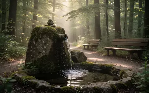 Ein friedlicher Waldweg mit einem steinernen Brunnen und fließendem Quellwasser in einer ruhigen Kurumgebung. - Foto: über boerse-global.de