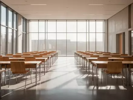 Ein heller, moderner Hörsaal mit leeren Holztischen und Stühlen in einer Universität, durchflutet von natürlichem Sonnenlicht. - Foto: über boerse-global.de