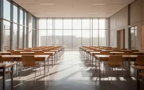 Ein heller, moderner Hörsaal mit leeren Holztischen und Stühlen in einer Universität, durchflutet von natürlichem Sonnenlicht. - Foto: über boerse-global.de