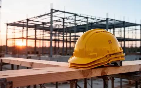 Ein unberührter Bauplatz mit gelben Sicherheitshelmen auf einem Holzgerüst vor einem Stahlgerüst im frühen Morgenlicht. - Foto: über boerse-global.de