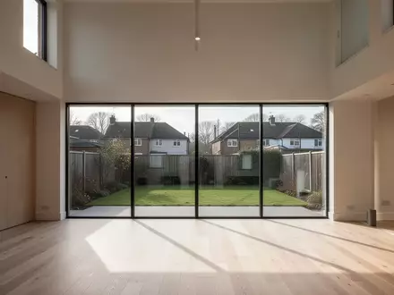 Ein heller, minimalistischer Trainingsbereich in einem modernen Wohnraum mit großen Fenstern und Blick in einen Garten. - Foto: über boerse-global.de