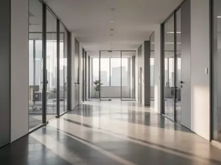 Ein moderner, minimalistischer Büroflur mit natürlichem Lichteinfall und poliertem Betonboden, der eine transparente und geordnete Arbeitsumgebung symbolisiert. - Foto: über boerse-global.de