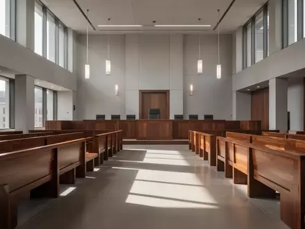 Ein minimalistischer Gerichtssaal mit polierten Holzbänken und hellem Lichteinfall durch große Fenster. - Foto: über boerse-global.de