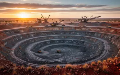 Weitläufiger Tagebau in der australischen Landschaft bei Sonnenaufgang mit geologischen Gesteinsschichten und Industriegeräten. - Foto: über boerse-global.de