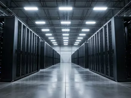 Große, leere Industriehalle mit zahlreichen, in Reihen angeordneten, dunklen Server-Racks in einer klimatisierten Umgebung. - Foto: über boerse-global.de