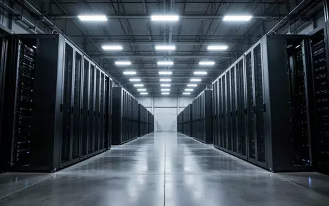 Große, leere Industriehalle mit zahlreichen, in Reihen angeordneten, dunklen Server-Racks in einer klimatisierten Umgebung. - Foto: über boerse-global.de