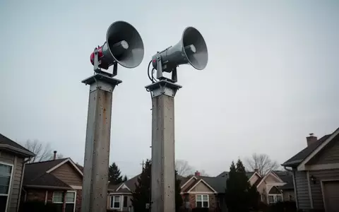 Eine industrielle Sirene zur Katastrophenwarnung auf einem Betonmast vor einem bewölkten Himmel. - Foto: über boerse-global.de