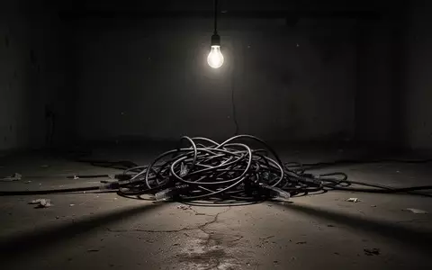 Ein dunkler, leerer Raum mit einem Haufen wirrer Netzwerkkabel auf dem Betonboden als Symbol für eine zerschlagene Infrastruktur. - Foto: über boerse-global.de