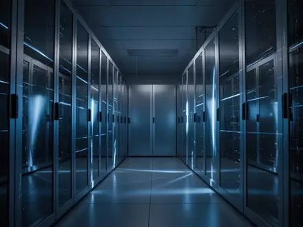 Abstraktes, minimalistisches Bild eines Serverraums mit blauem Licht und metallischen Oberflächen, das digitale Infrastruktur symbolisiert. - Foto: über boerse-global.de