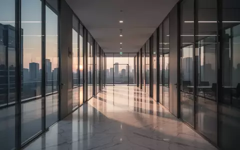 Ein minimalistischer, leerer Büroflur in einem modernen Gebäude bei Dämmerung mit langen Schatten und spiegelnden Böden. - Foto: über boerse-global.de