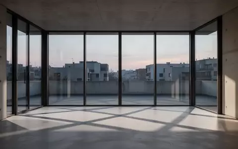 Ein minimalistischer, leerer Raum mit bodentiefen Fenstern und Blick auf eine abstrakte urbane Landschaft in der Dämmerung. - Foto: über boerse-global.de