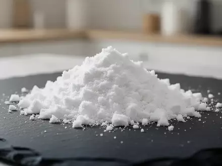 Feines, weiĂźes Proteinpulver auf einer dunklen Schieferplatte in einer minimalistischen, sauberen Umgebung. - Foto: ĂĽber boerse-global.de