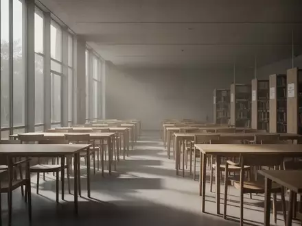 Ein leerer, ruhiger Bibliotheksraum mit modernen Holztischen und Stühlen in gedämpftem Tageslicht. - Foto: über boerse-global.de