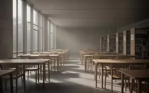 Ein leerer, ruhiger Bibliotheksraum mit modernen Holztischen und Stühlen in gedämpftem Tageslicht. - Foto: über boerse-global.de