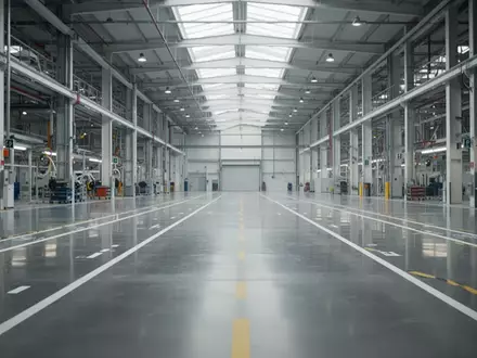Leere, weitläufige Montagehalle einer Automobilfabrik mit poliertem Industrieboden und natürlichem Lichteinfall. - Foto: über boerse-global.de