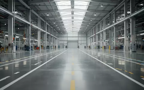 Leere, weitläufige Montagehalle einer Automobilfabrik mit poliertem Industrieboden und natürlichem Lichteinfall. - Foto: über boerse-global.de
