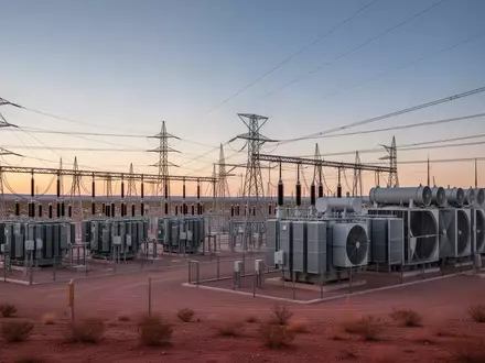 Eine weitläufige industrielle Stromumspannstation und Kühlungsinfrastruktur in der Wüstenlandschaft von Texas bei Dämmerung. - Foto: über boerse-global.de