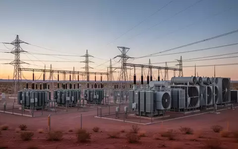 Eine weitläufige industrielle Stromumspannstation und Kühlungsinfrastruktur in der Wüstenlandschaft von Texas bei Dämmerung. - Foto: über boerse-global.de