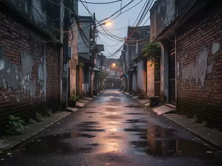 Eine schmale, verlassene Gasse in einem Stadtviertel von Jakarta bei Dämmerung mit feuchtem Asphalt und alten Backsteinwänden. - Foto: über boerse-global.de