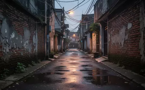 Eine schmale, verlassene Gasse in einem Stadtviertel von Jakarta bei Dämmerung mit feuchtem Asphalt und alten Backsteinwänden. - Foto: über boerse-global.de
