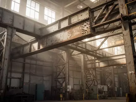 Nahaufnahme von industriellen Stahlträgern in einer Montagehalle mit natürlichem Lichteinfall. - Foto: über boerse-global.de